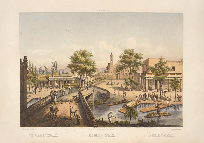 Paisagem da Vila de Ixtacalco por C. Castro, pintura a óleo que retrata campos ensolarados.