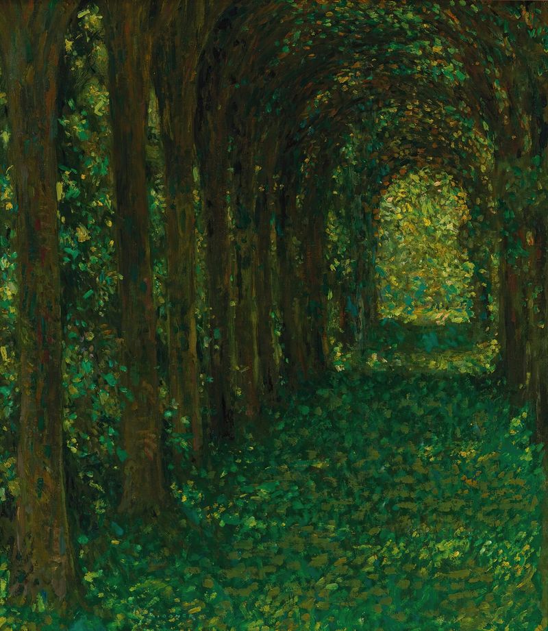 L’allée Verte by Henri Le Sidaner, oil on canvas depicting a sunlit pathway through lush greenery.