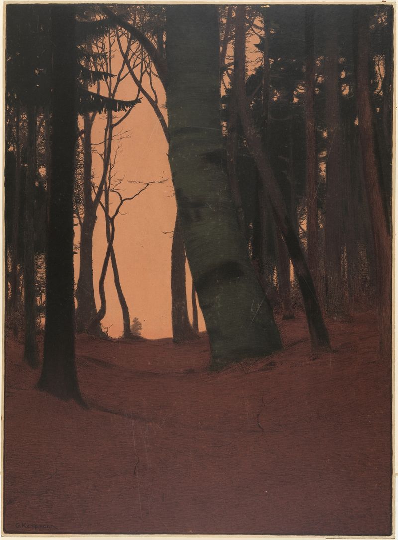 Twilight forest scene by Gustav Kampmann, oil on canvas