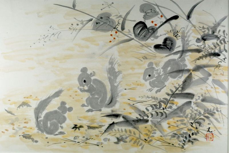 Autumn (Squirrels) by Kawasaki Shōko, paper medium, depicting playful squirrels in a forest.