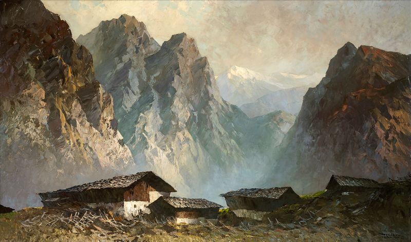 Landscape oil painting by Oskar Mulley featuring mountains and a tranquil sky