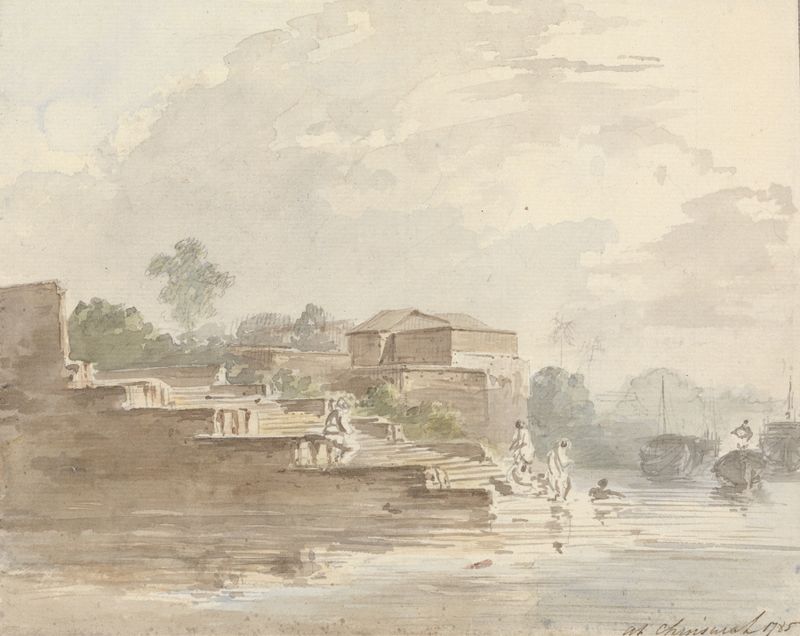 River landscape with ships at dusk, oil on canvas by Samuel Davis