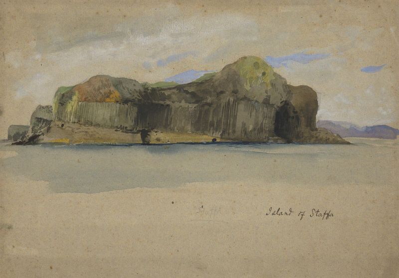 Pintura al óleo de Island of Staffa de Edwin Austin Abbey, que muestra olas y costa rocosa.