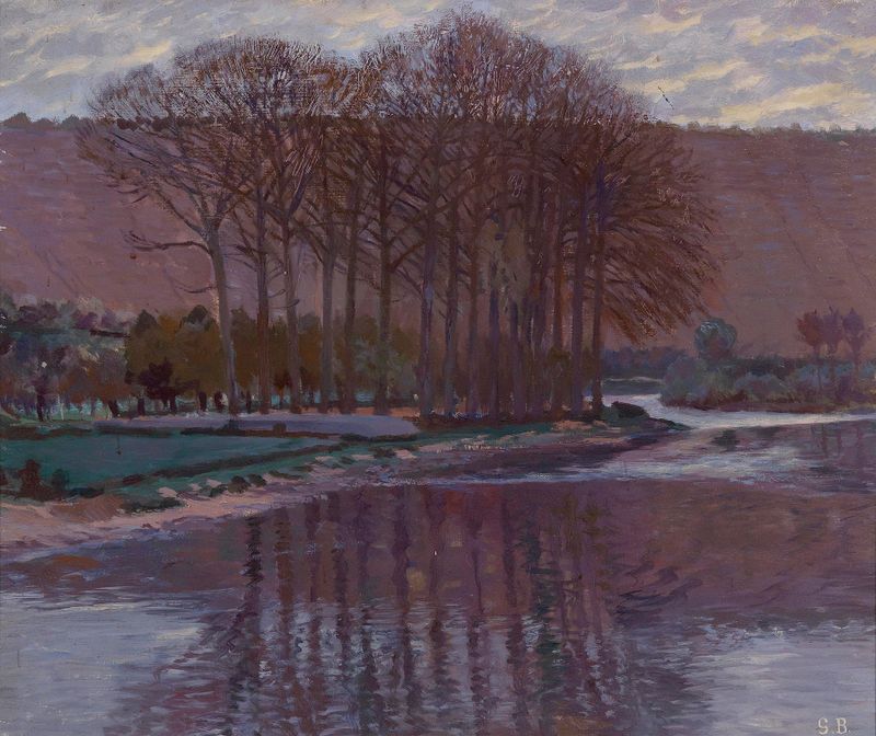 Landscape with deep black and blue hues, oil on canvas by Gustav Bamberger