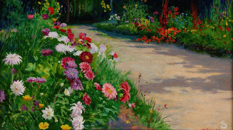 Asters by Ambroży Sabatowski, oil painting depicting vibrant flowers
