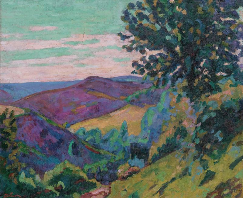 Paisaje que representa un río y colinas bajo luz dorada por Armand Guillaumin, medio desconocido