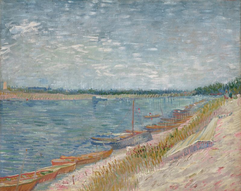 Les canots amarrés de Vincent van Gogh, óleo sobre tela mostrando barcos ancorados em águas tranquilas