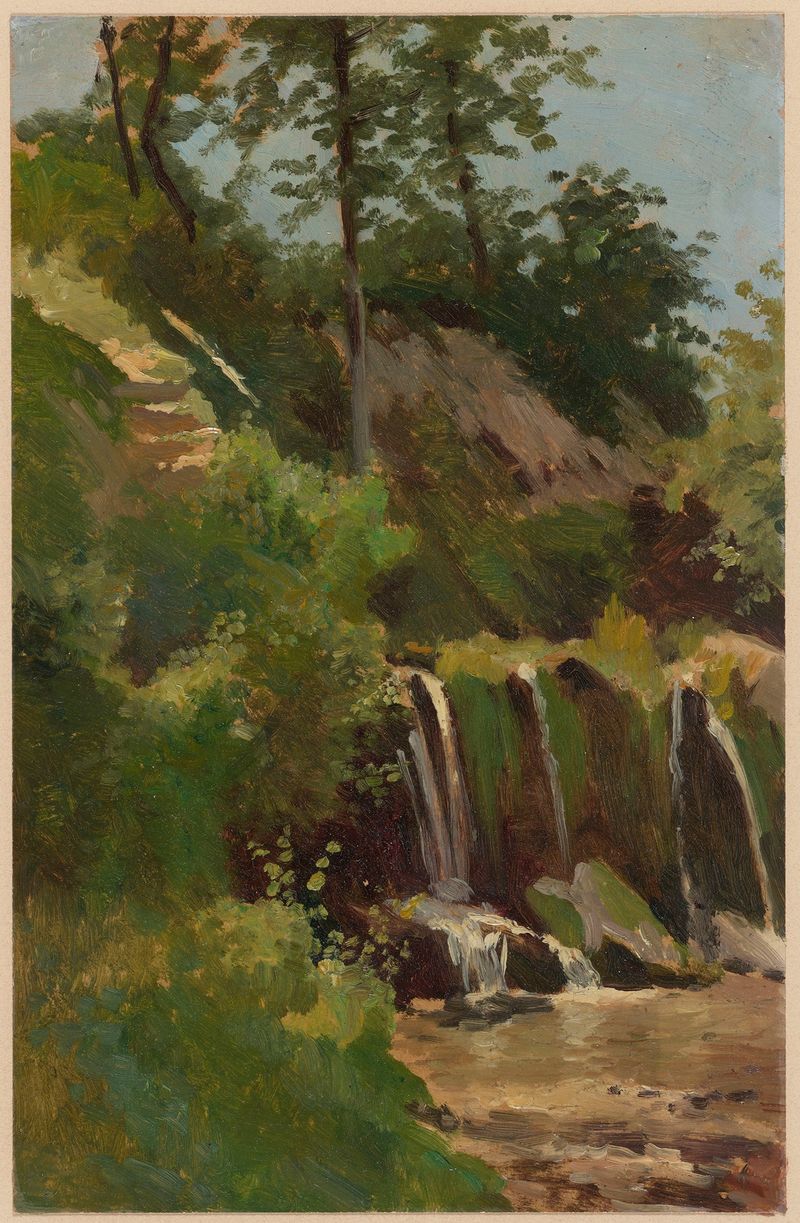 Landscape with a Waterfall, oil on canvas by Theodor Blache, featuring a waterfall cascading over rocks.