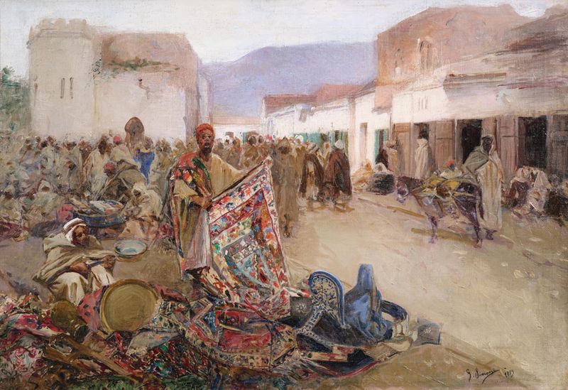 The Carpet Seller by Gustavo Simoni, realism, depicting an artisan surrounded by textiles