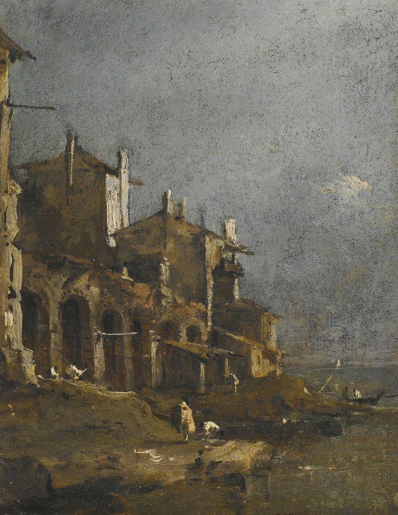 Paisagem costeira com figuras na praia sob uma arcade, óleo sobre tela de Francesco Guardi.