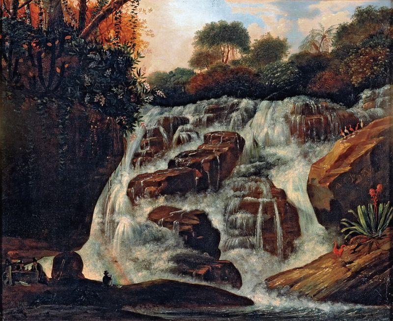 Gran Cascada Tijuca de Manuel de Araújo Porto-Alegre, pintura al óleo que representa una cascada en un bosque frondoso.