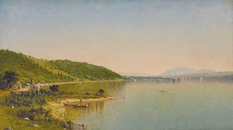 Hook Mountain, Hudson River by James Augustus Suydam, oil on canvas depicting a mountain and river.