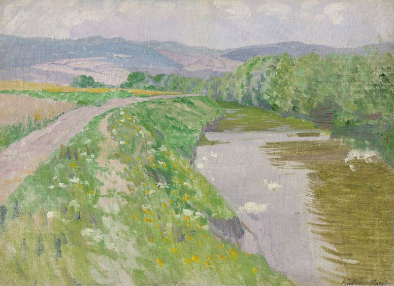 Paisaje con un río de Ferdinand Katona, impresionismo, que representa un río sereno y el horizonte.