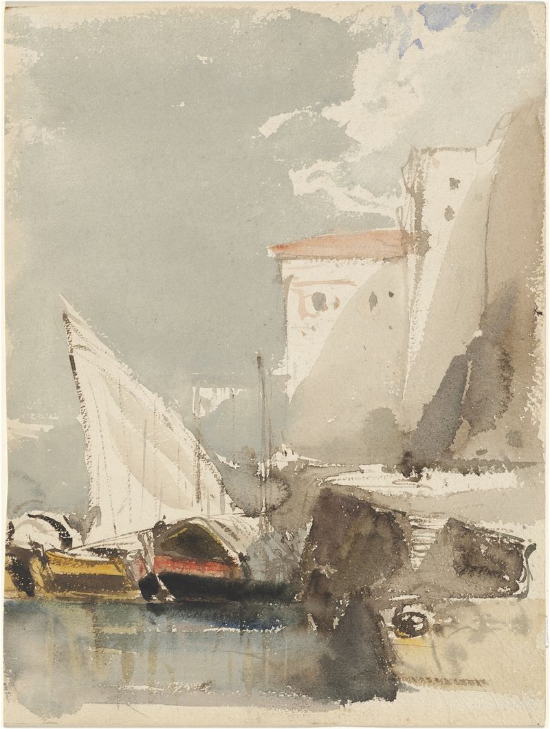 Veleros en un puerto iluminado por el sol, óleo sobre lienzo de Eugène Isabey