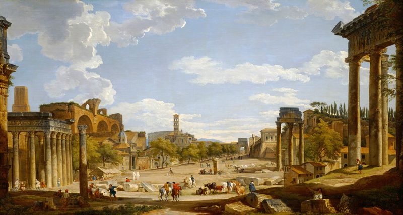 View Of The Roman Forum by Giovanni Paolo Panini, Baroque oil painting depicting ancient ruins.