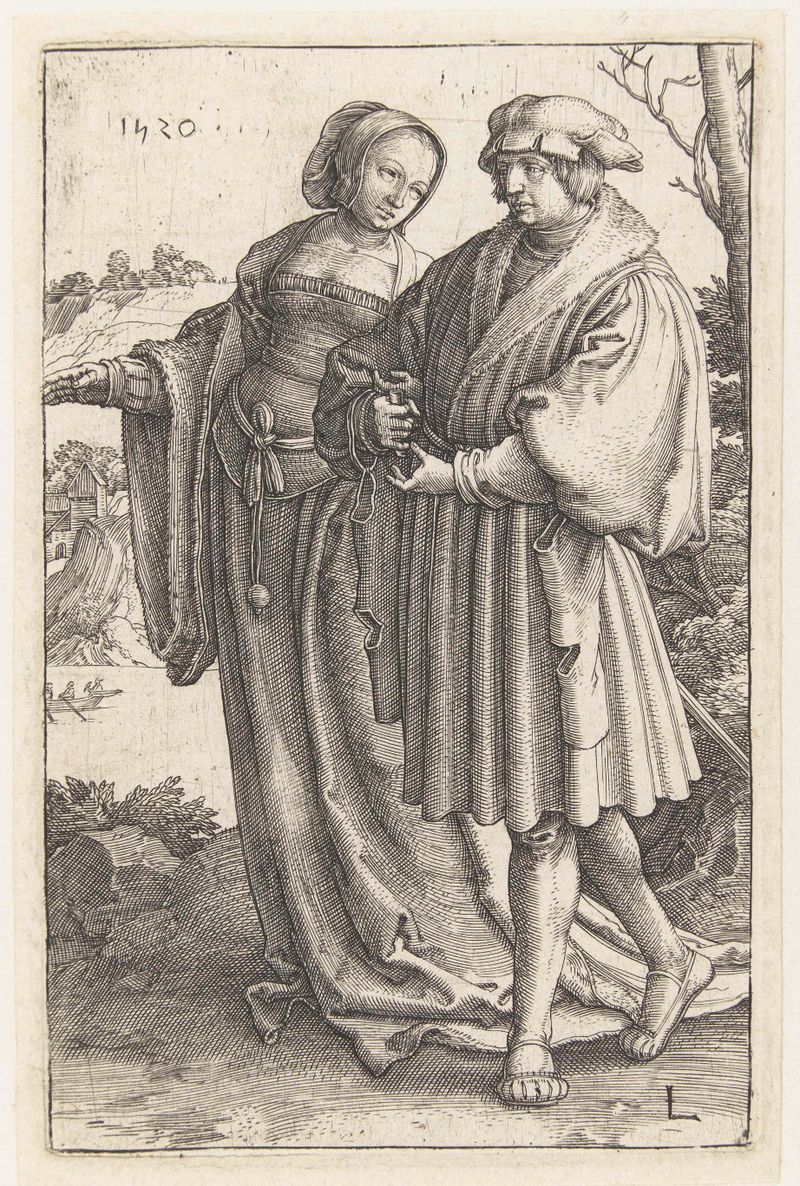 Gravura de Lucas van Leyden retratando um casal em roupas vibrantes