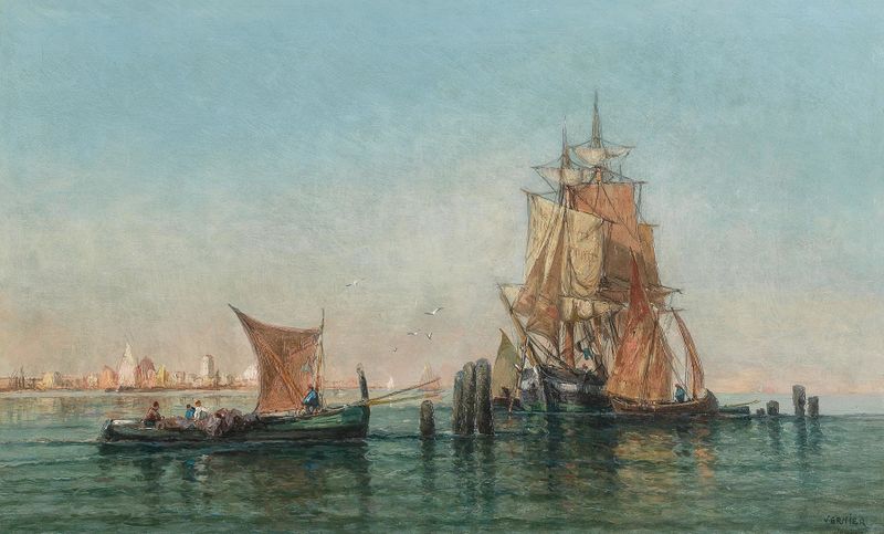 Venice, Trading Vessels in the Lagoon de Jules Vernier, óleo sobre lienzo que muestra barcos en una tranquila laguna al at...
