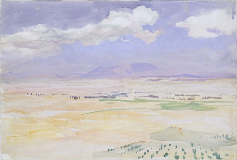 Pintura a óleo de John Singer Sargent retratando uma paisagem espanhola com colinas e luz quente