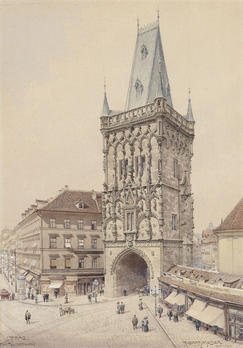 Prag Pulverturm by Richard Moser, oil on canvas, featuring a tower against a stormy sky.