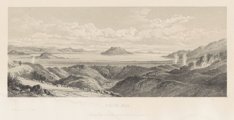 Engraving by Charles Decimus Barraud depicting Roto-rua landscape with lake and hills