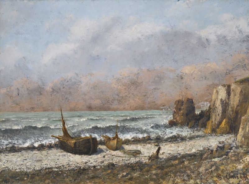 Deux bateaux sur la plage by Gustave Courbet, oil on canvas depicting boats on a beach under a cloudy sky