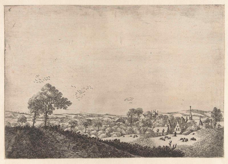 Landschap met dorp en herder met kudde, etching by Jan van Brosterhuyzen