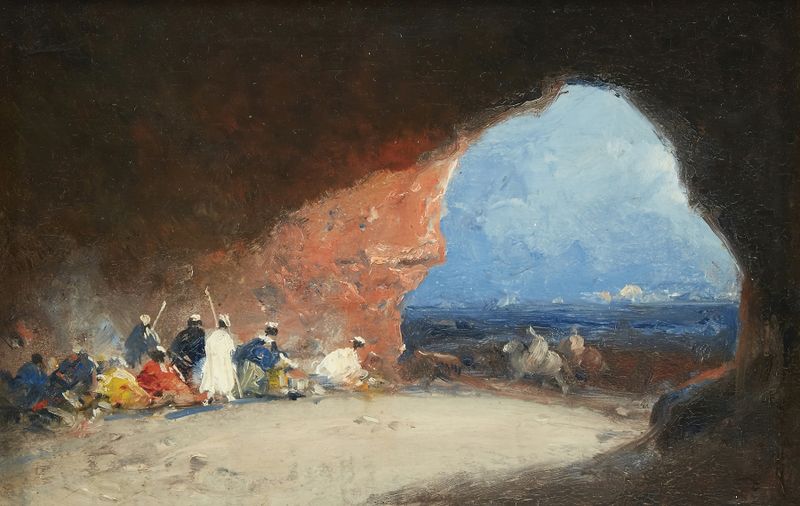 Genre scene of Arabs in a cave by the sea, oil painting by Mariano Fortuny Marsal