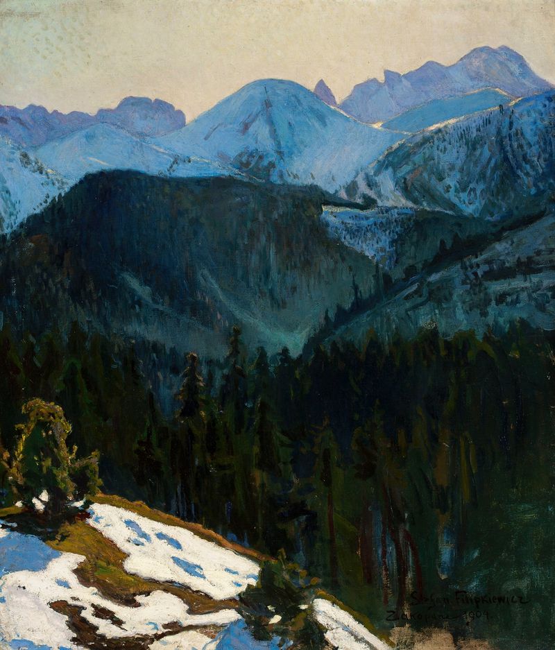 Tatra Mountain view by Stefan Filipkiewicz, oil painting depicting serene mountains and lush greens.