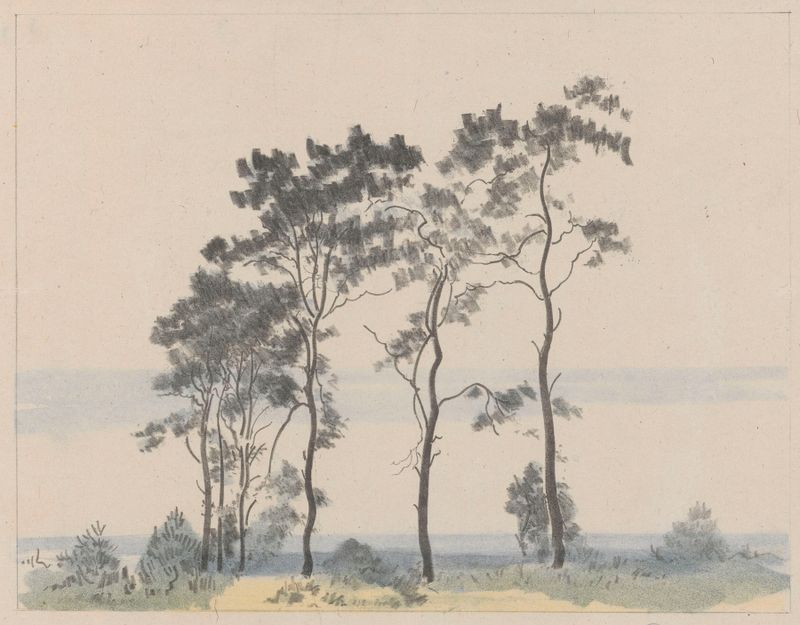 Little Pine Trees No. I de Leon Wyczółkowski, óleo sobre lienzo con siluetas de pinos texturizados