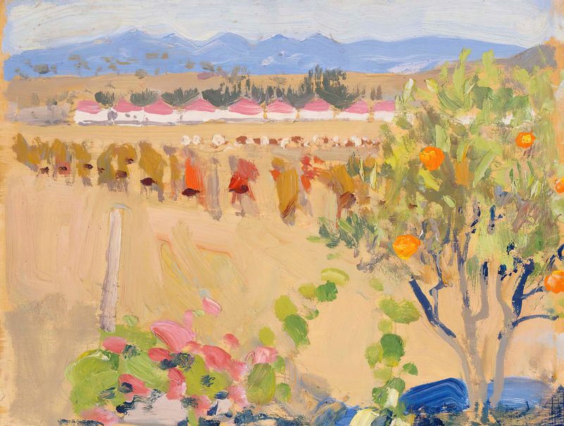 Nairobin ulkopuolelta de Akseli Gallen-Kallela, pintura a óleo que retrata uma paisagem vibrante.