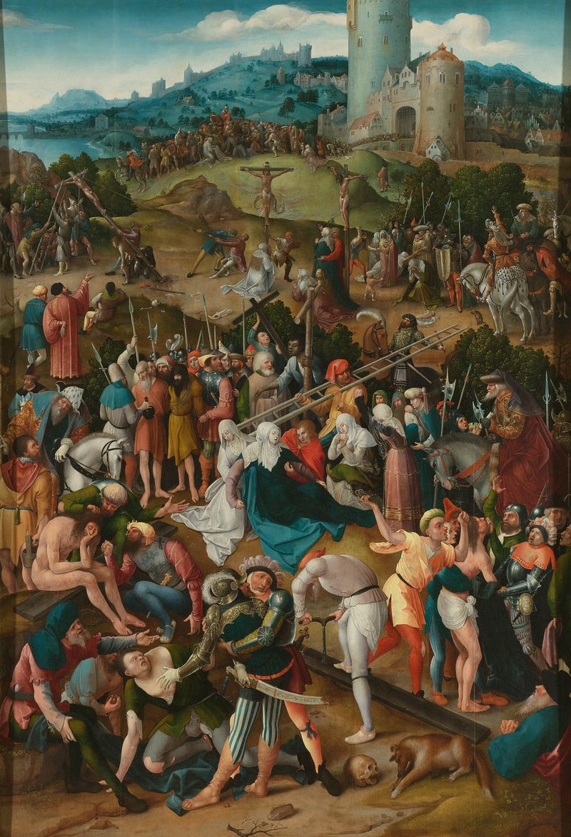 Escena de Calvario con Cristo en la cruz, óleo sobre panel de Pseudo Jan Wellens de Cock