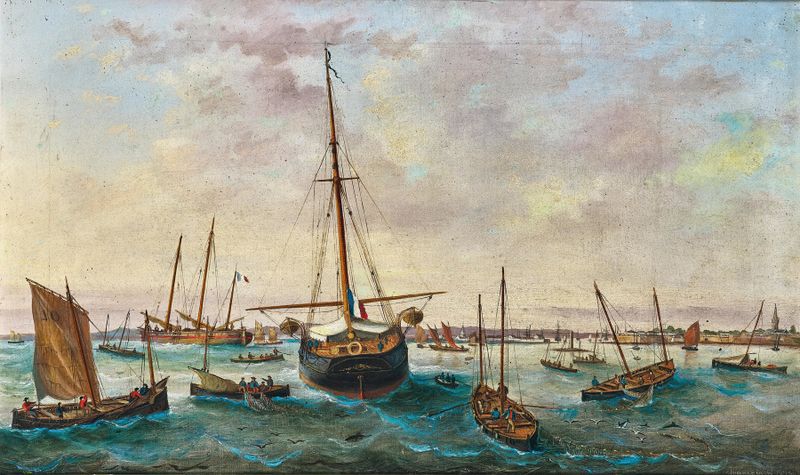 French Sailing Ships amidst Numerous Fishing Boats off the French Coast, oil painting by Basilio Ivankovic
