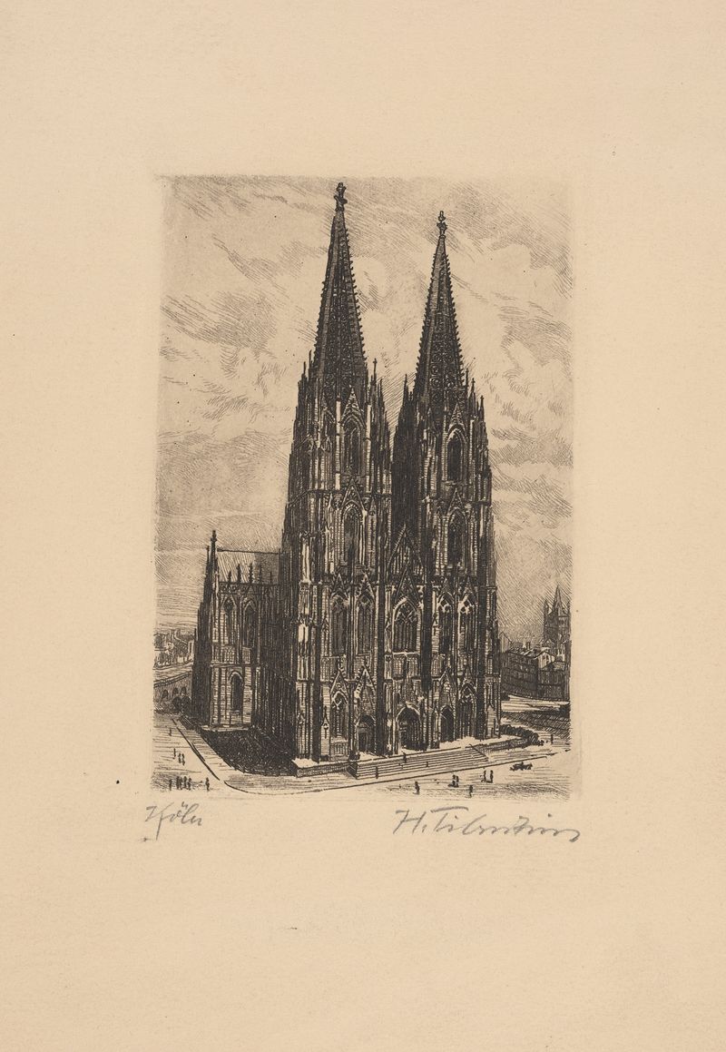 Koln, romantismo, artista desconhecido, retratando uma catedral ao pôr do sol