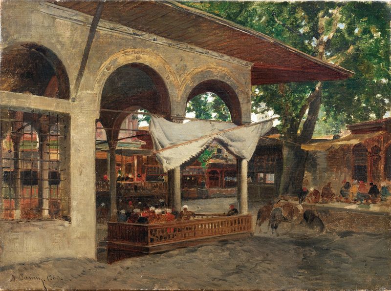 Istanbul, under a Portico in Beykoz by Alberto Pasini, oil painting depicting ornate columns and warm light.