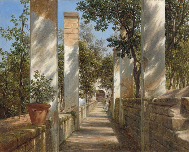 Pergola con Naranjas de Thomas Fearnley, óleo sobre lienzo, con naranjas brillantes y follaje verde exuberante