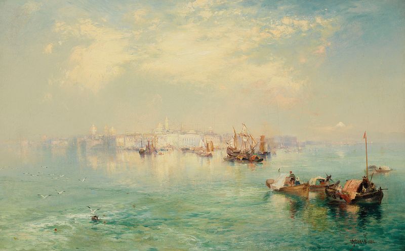 Vera Cruz Harbor, México de Thomas Moran, óleo sobre lienzo, con aguas turquesas y tonos de atardecer.