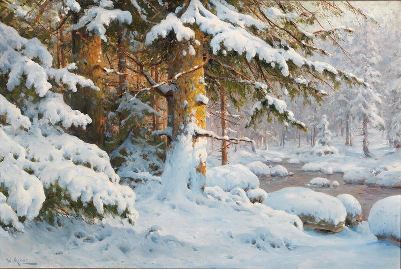 Winter im Wald de Walter Moras, pintura al óleo de un paisaje forestal nevado.