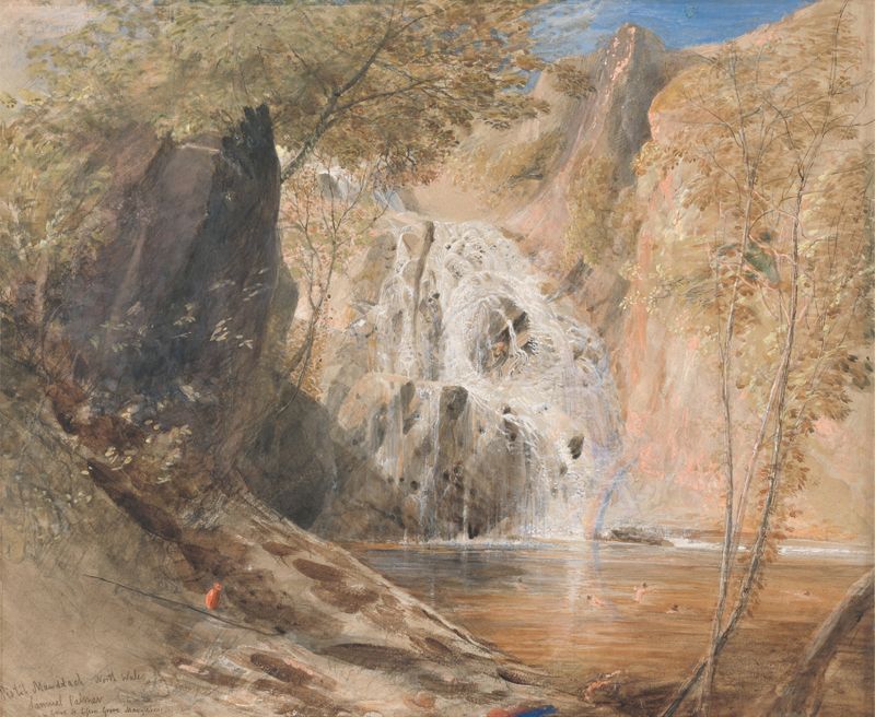 Acuarela de Samuel Palmer que representa un paisaje luminoso con colinas.