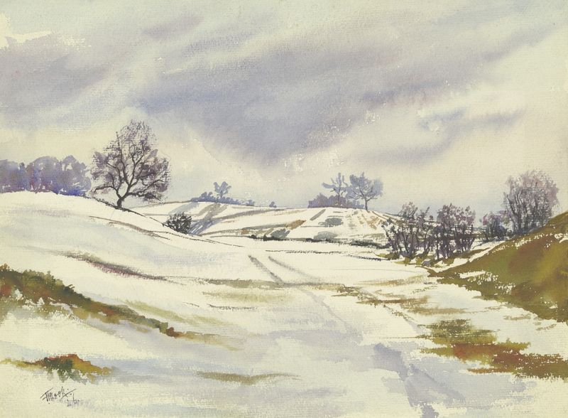 Wintery landscape by Friedrich Mook, depicting a serene snowy scene.