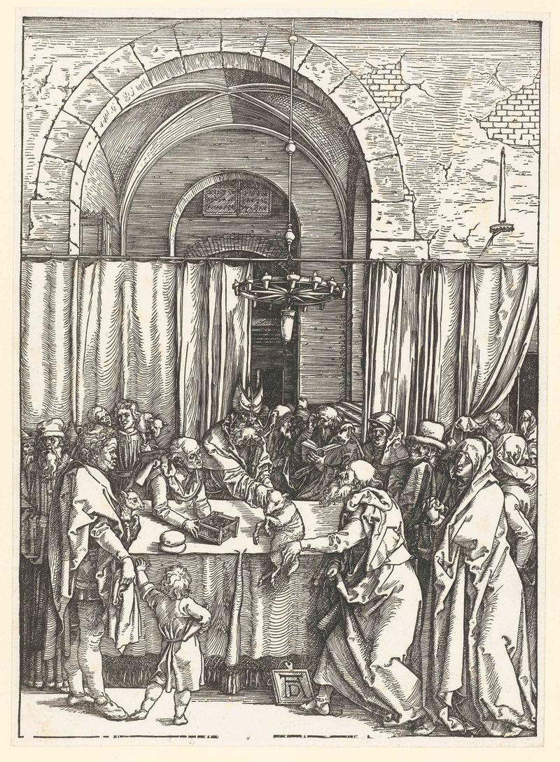 Het offer van Joachim wordt geweigerd, gravura de Albrecht Dürer, retratando Joaquim no altar.