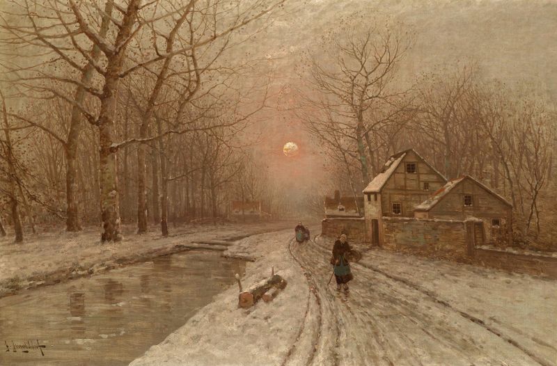 Twilight landscape with cottages and cobblestones by Johann Jungblut, oil painting
