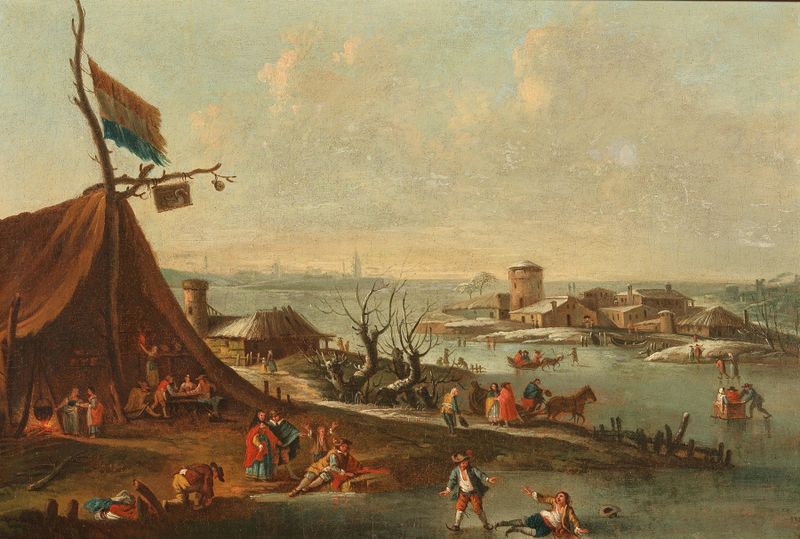 A winter harbour scene with ice-skaters, oil on canvas by Pieter Bout