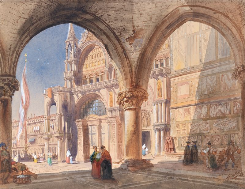 Saint Mark’s Venice by William Henry Lake Price, depicting a colonnade and basilica in oil painting.