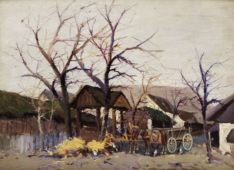 Carro tirado por caballos en un entorno rural, pintura al óleo de Wilhelm Sprenger