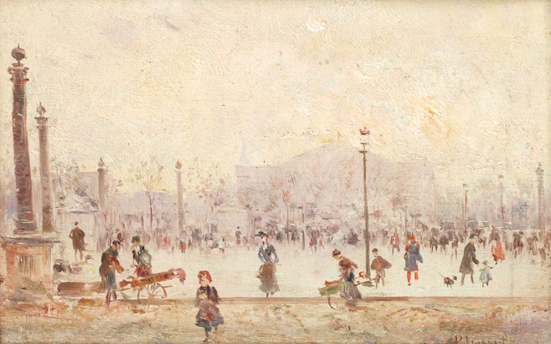 Genre scene depicting a street with light and shadow by Pietro Scoppetta, oil painting