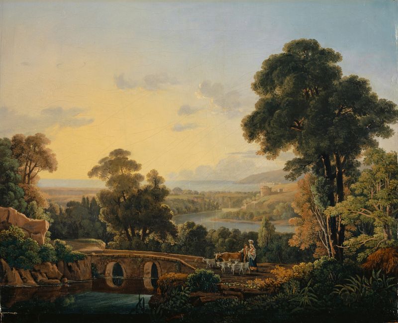 Hilly landscape with river and bridge, oil on canvas by Peter Birmann