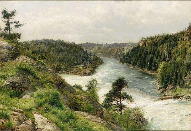 Pintura a óleo de Peder Mørk Mønsted apresentando uma cachoeira e vegetação exuberante.