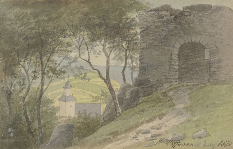 Pintura al óleo de Heinrich Adolf Valentin Hoffmann que muestra ruinas y una iglesia en un valle.