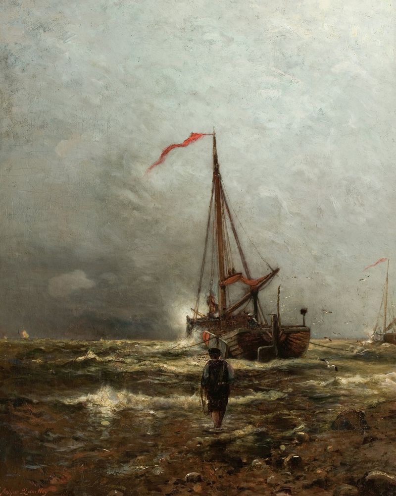 Coast of Holland by Arthur Quartley, oil painting depicting a serene marine landscape