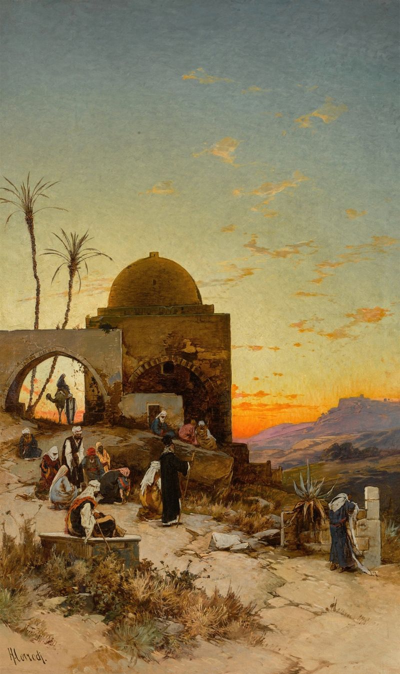 Evening Prayers Outside Jerusalem by Hermann David Salomon Corrodi, oil painting depicting figures in prayer at twilight.